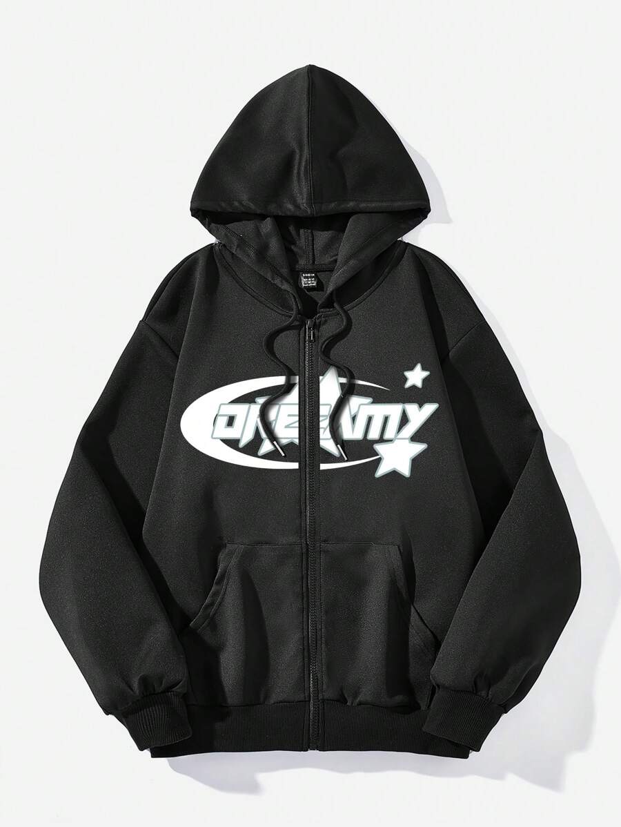 SHEIN Tween Girls' Black Letter Print Zip-Up Hoodie Sweatshirt In Fall/Winter