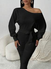 SHEIN SXY Tuta aderente con spalle oblique di colore bianco, abbigliamento comodo per la casa - nero - Visualizzare 8