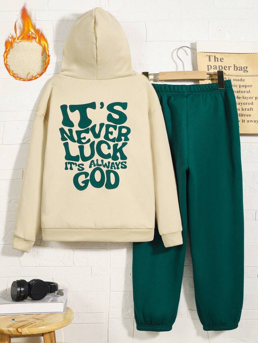 2pcs Tween Boy Casual Funny Letter Print Hooded Sweatshirt And Elastic