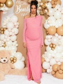 Loomaby Maternity Solid Color Asymmetric Neck Long Sleeve Side Drawstring Split Hem Dress, Elegant,Autumn For Baby Shower Party