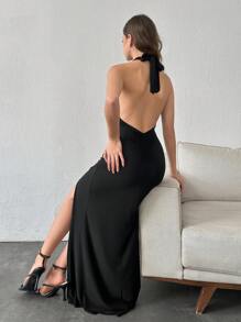 SHEIN PETITE Solid Split Thigh Halter Neck Split Thigh Backless Dress - Black - View 6