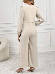 SHEIN Maternity Casual Solid Color Lantern Sleeve Jumpsuit, Autumn - Apricot - View 2