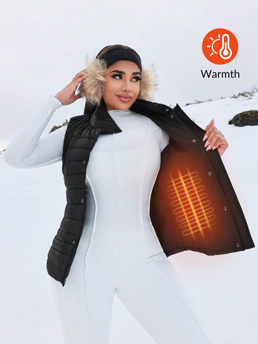 SHEIN SXY 厚黑色保暖棉服背心套装，秋冬款 - 黑色 - 查看 1