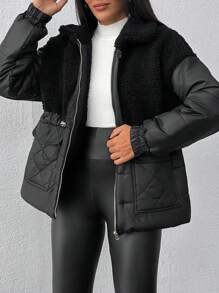 EURMUSE Teddy Fur Detailed, Draw String Waist Detailed Puffer Winter Coat - Black - View 4