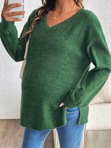 SHEIN Women Pregnant V-Neck Drop Shoulder Long Sleeve Stylish Slouchy Vibe All-Match T-Shirt, For Maternity