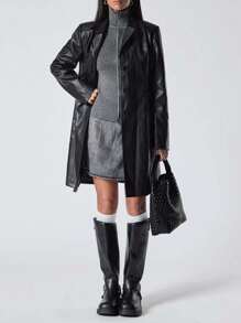 LYSMO 1pc Women's Solid Color Front Button Pocket Casual Everyday Lightweight Long Jacket - Black - View 3