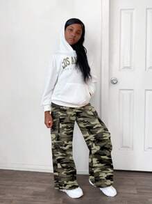 2pcs Tween Girl Letter Pattern Hooded Pouch Sweatshirt & Camouflage Jogger Pants Set, Casual - Army Green - View 6