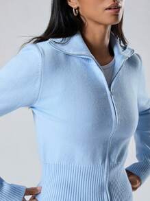 LYSMO 2 件套女士纯色拉链开衫和针织裤休闲套装，秋冬 - 藍色 - 查看 6