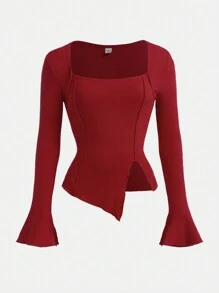 SHEIN Girlism Teen Girl's Red Crew Neck Long Sleeve Christmas Knit Sweater, Slim Fit Asymmetrical Slit Hem Base Layer Top, Suitable For Christmas, Thanksgiving, New Year