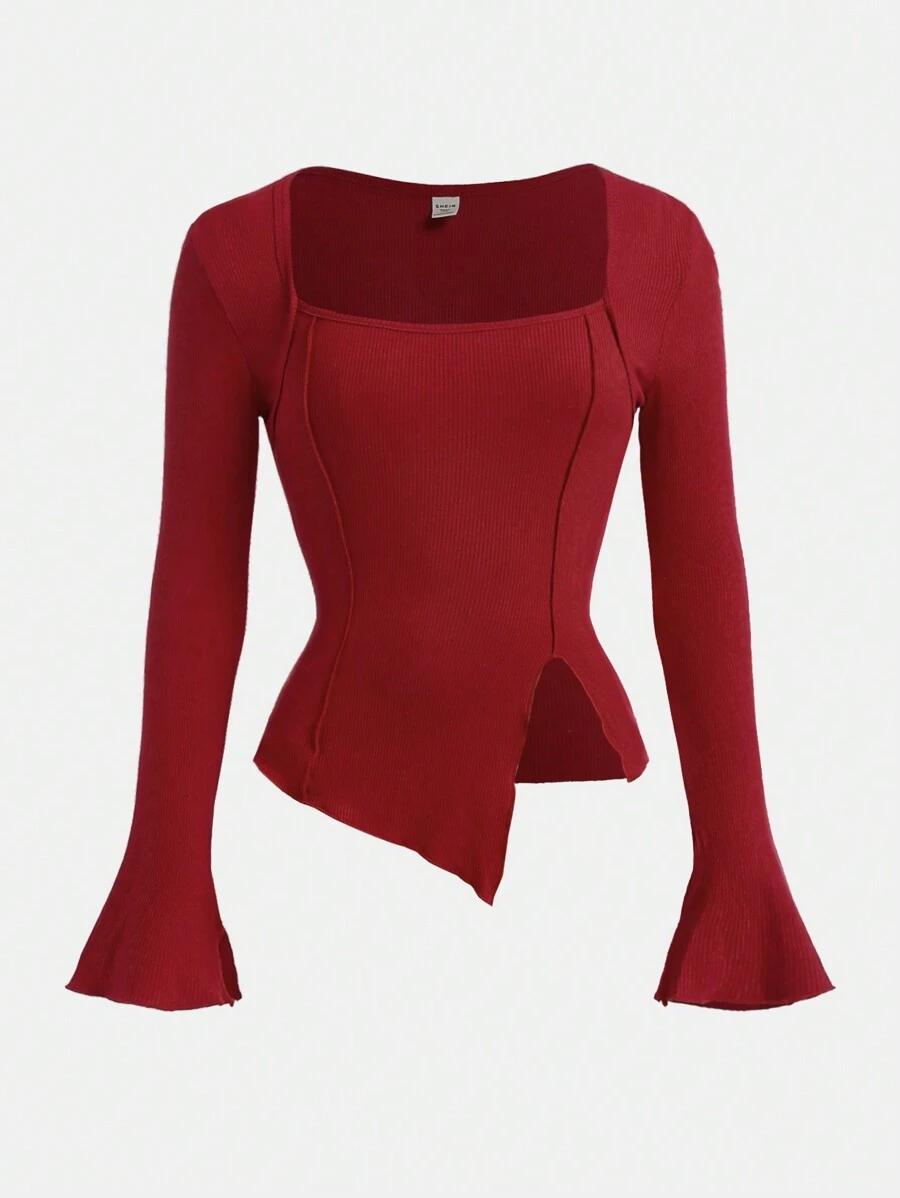 SHEIN Girlism Teen Girl's Red Crew Neck Long Sleeve Christmas Knit Sweater, Slim Fit Asymmetrical Slit Hem Base Layer Top, Suitable For Christmas, Thanksgiving, New Year