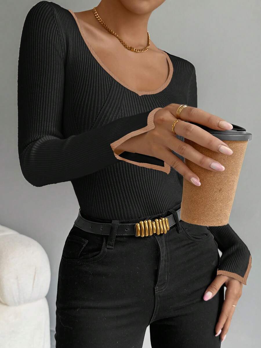 Chiquease Áo len nữ dáng suông, viền đen, xẻ tay, thích hợp mặc mùa thu đông. - màu đen - Xem 1