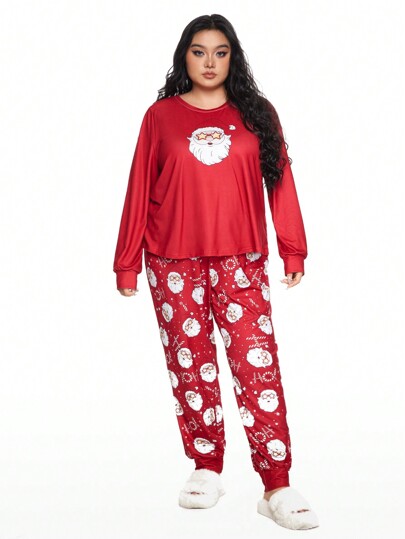 Conjunto de pijama de talla grande de pantalón con cordón y manga larga informal para Navidad