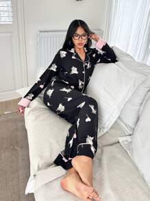 SweetSlumber Conjunto de pijama de verano de top y pantalones con estampado de gato y ribete en bloque de color, cómodo y casual para mujeres