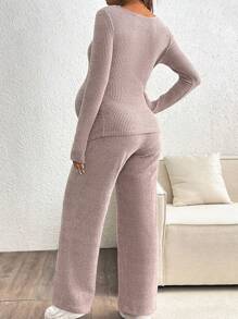 SHEIN Set de 2 piezas de top de manga larga acanalado y pantalón de pierna ancha informales de maternidad, conjunto de pantalones, otoño