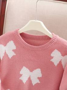 SHEIN Tween Girls Oversized Casual Comfy Round Neck Pullover Long Sleeve Bow Pattern Sweater,In Fall/Winter - Pink - View 4