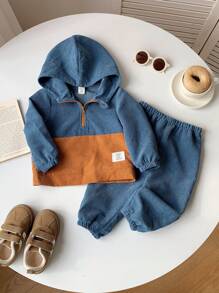 SHEIN Set de 2 piezas Chaqueta con capucha de media cremallera y hombros caídos + Pantalones de cintura elástica para niño/niña bebé, casual para uso cotidiano, adecuado para el otoño/invierno