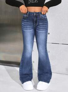 SHEIN Tween Girls Y2K Fashion Casual Flare Leg Jeans Star Pattern With Rhinestones, Girls Fall Clothes Back To School Outfits - Medium Wash - View 6