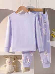 2pcs/Set Young Girl Cute Fun Yellow Long Sleeve Top & Long Pants With 3D Rabbit Ears Homewear Sets, Comfortable Stretchy - Purple - View 2