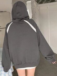 DAZY 女式秋季拼色插肩袖拉链连帽抽绳休闲运动衫，休闲连帽夹克