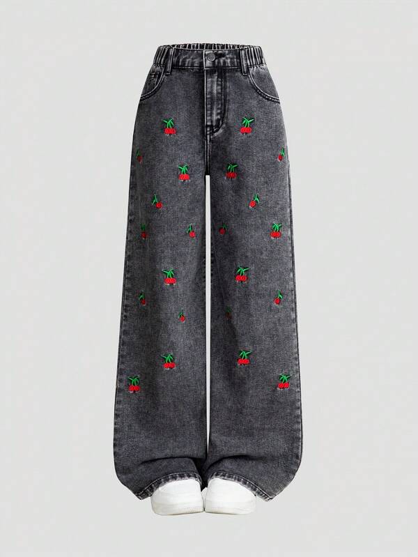 SHEIN Wildeya Tween Girls New Casual Fashion Design brodat Denim spălat Blugi cu picioare drepte