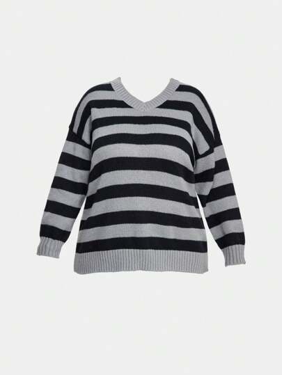 Academia Vintage College Style Striped Loose Turtleneck Elastic Plus Size Sweater