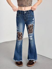 Jeans flare desgastado bordado com estampa de leopardo e lavagem escura para meninas