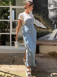 Livesso Vestido informal largo de mezclilla con tirantes y bolsillos para mujer, vestido de verano de estilo versátil - Lavado ligero - Ver 8