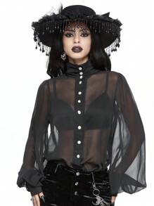 ROMWE Áo cánh voan mỏng bán trong suốt tay đèn lồng phong cách cung điện Gothic dành cho nữ, có lớp lót bên trong & áo bikini bằng vải satin - màu đen - Xem 1