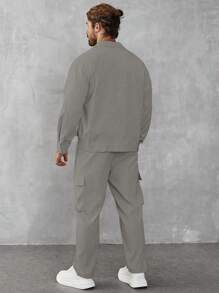 Manfinity Homme 2pcs Men Solid Front Button Pocket Long Sleeve Jacket & Drawstring Waist Long Pants Casual Suit - Grey - View 2