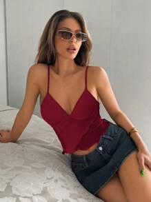 SHEIN ICON Fashionable Sexy Solid Color Semi-Sheer Camisole - Burgundy - View 5