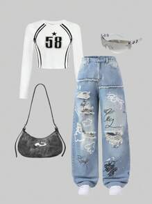 SHEIN ChillGRL 适合少女的涂鸦破洞阔腿牛仔裤，宽松男友风牛仔裤