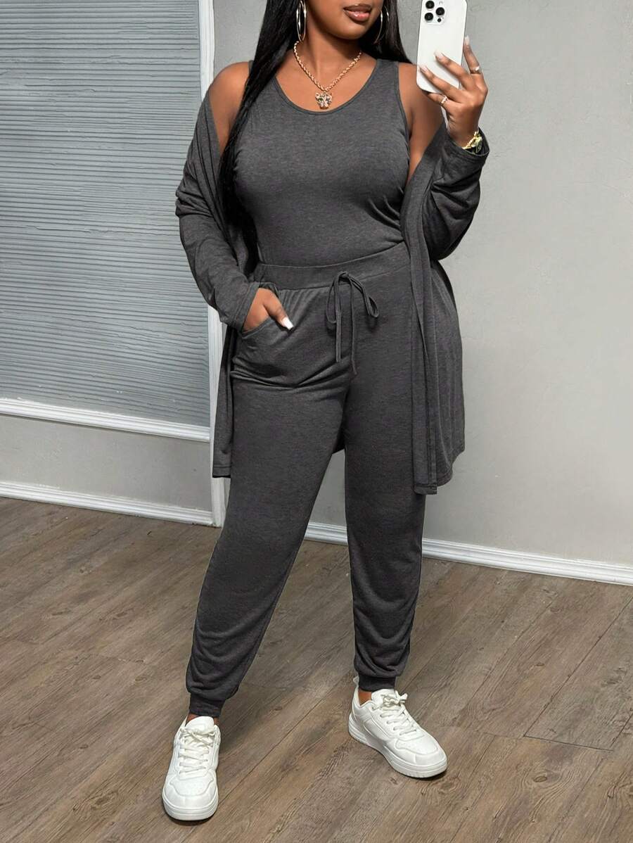 Slaydiva 3pcs/Set Plus Size Casual Elegant Fitted Vest + Pants + Jacket, Autumn/Winter - Dark Grey - View 1