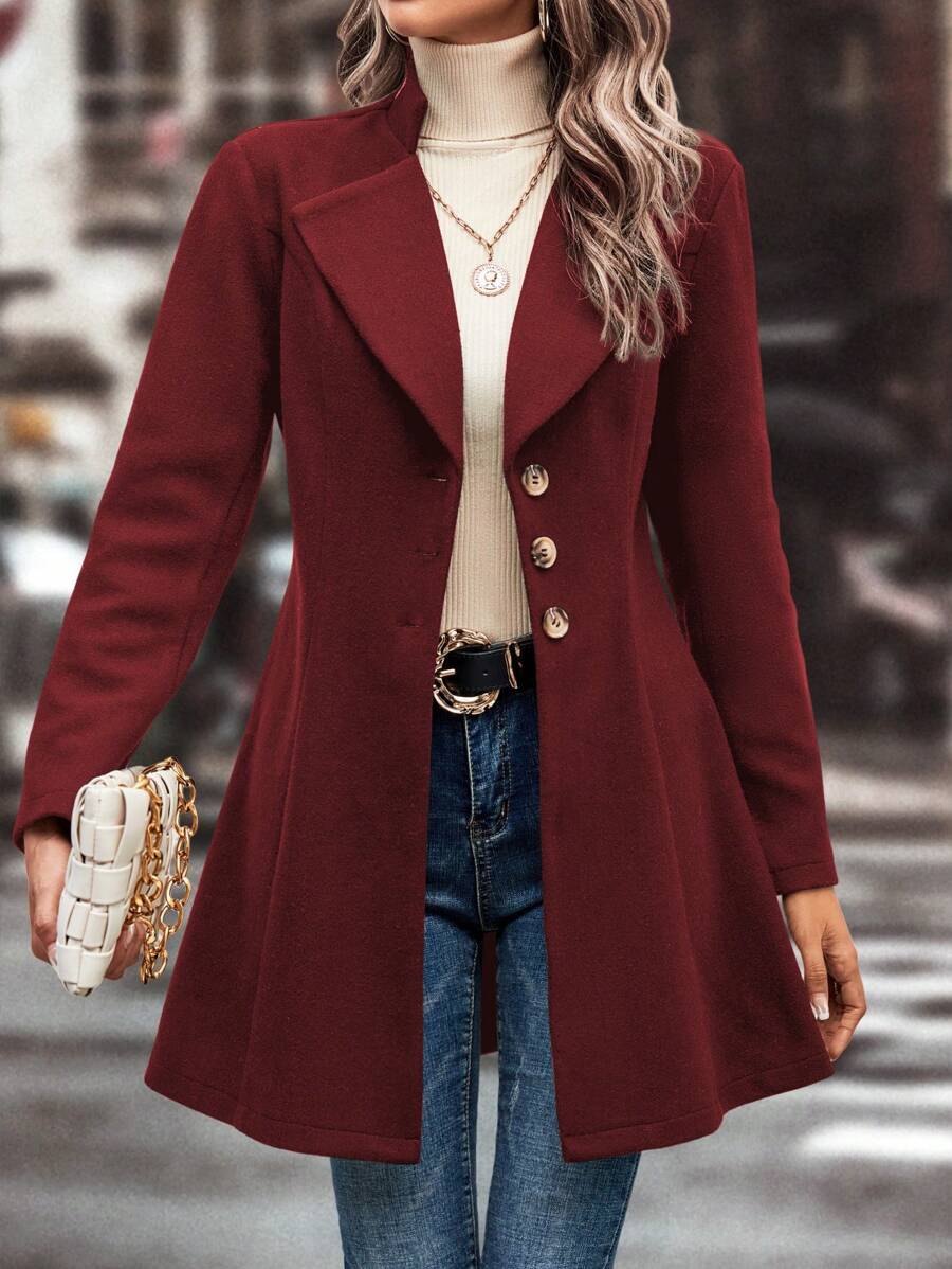 SHEIN Clasi Áo khoác ngoài màu trơn giản dị cổ bẻ thắt eo, thu/đông - Gỗ đỏ - Xem 1