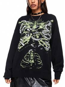 ROMWE Goth 深绿色骷髅与蛇嵌花宽松圆领毛衣（女款） - 黑色 - 查看 6