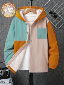 Tween Boy Casual Corduroy Color Block Hoodie Jack, Warme Thermische Voering, Geschikt Voor Herfst, Lente En Winter, Ideaal Voor Buitenspelen, School, Straat, Feest En Vrije Tijd, Hoge Prijs-Kwaliteit