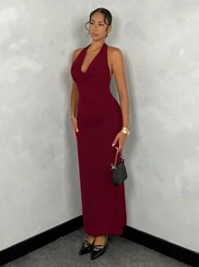 SHEIN BAE 优雅女士纯色网眼露背长裙，优雅约会、度假风格 - 酒紅色 - 查看 4