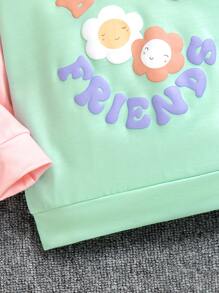 女童撞色花卉印花休闲套头衫，适合日常穿着和返校、秋冬季 - 彩色 - 查看 4