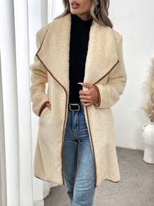 SHEIN LUNE 1pc Women Apricot Color Block Hem Flannel Collar Regular Jacket, Winter - Apricot - View 1