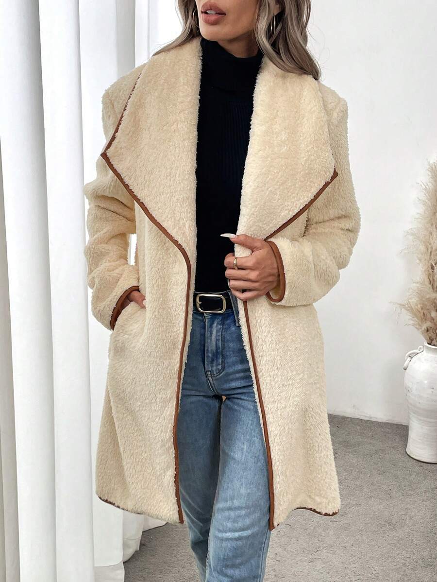 SHEIN LUNE 1pc Women Apricot Color Block Hem Flannel Collar Regular Jacket, Winter - Apricot - View 1