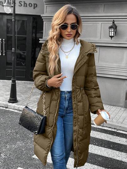 SHEIN LUNE Chaqueta larga con capucha de plumón para mujer, verde militar, invierno