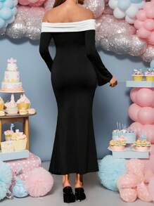 Loomaby Maternity Gender Reveal Dress Contrasting Off Shoulder Long Sleeve Mermaid Hem Dress, For Baby Shower Party - Black - View 2