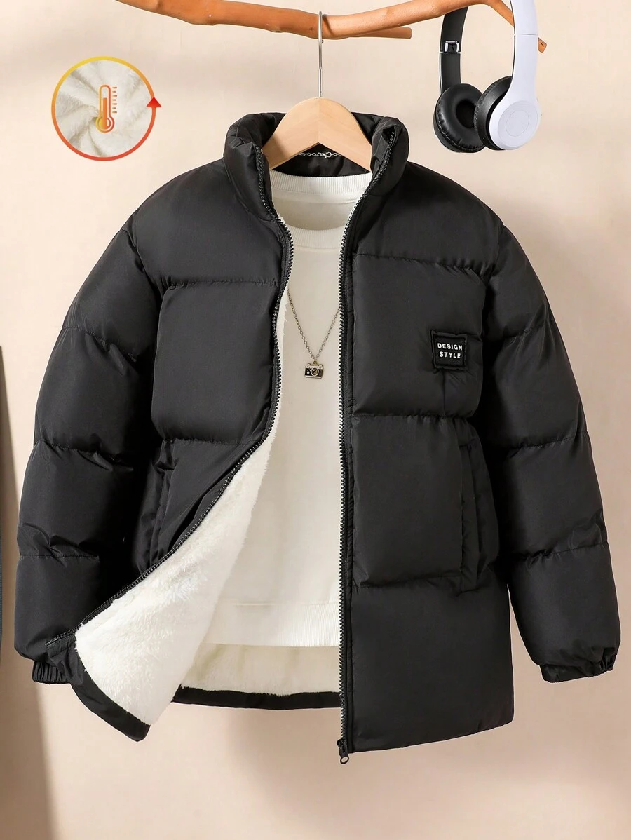 Boys' Basic Casual Stand Collar Fleece Padded Coat