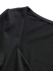 INAWLY 2 Stücke Damen Lässig Set aus einfarbigem anliegendem T-Shirt und Mini-Rock, Herbst - Schwarz - Übersicht 4