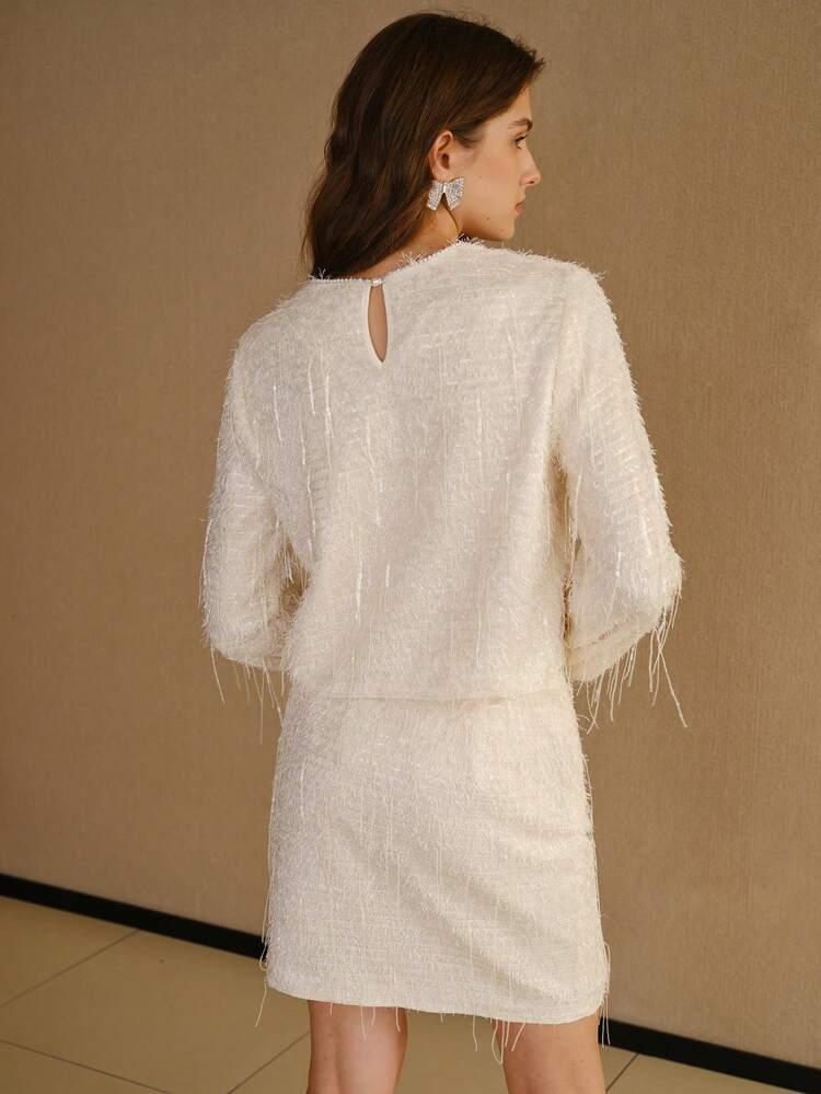 MOTF STUDIO SEQUIN FUZZY LANTERN SLEEVE SOLID BLOUSE