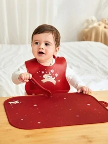 Cozy Pixies 3pcs/Set Christmas Reindeer & Snowflake Baby Silicone Bib, Placemat, Spoon, Waterproof & Stain-Resistant, For Infant Feeding, For Gift - Red - View 2