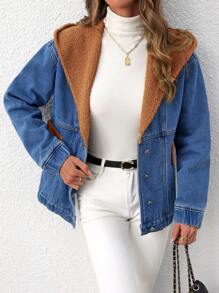 SHEIN LUNE Women's Casual Single-Breasted Denim Fleece Hooded Jacket, Autumn/WinterThermal Thickened Denim - Blue - View 3