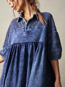 Bohemela Women's Casual Solid Color Woven Denim Short Sleeve Turndown Collar Long Shirt