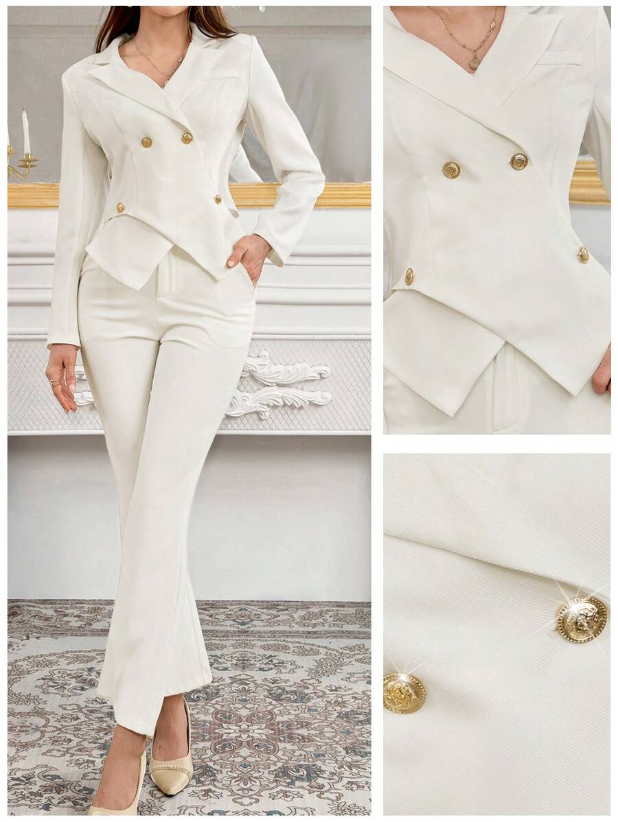 Modelyn 女士纯色双排扣不对称下摆优雅长袖西装外套