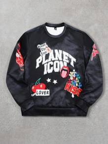 Manfinity Homme Sudadera con capucha casual de estilo callejero con estampado de letras para hombres tallas grandes, para primavera/otoño, cuello redondo negro con gráfico, manga larga, sudadera casual, como regalo para amigos, esposo, novio