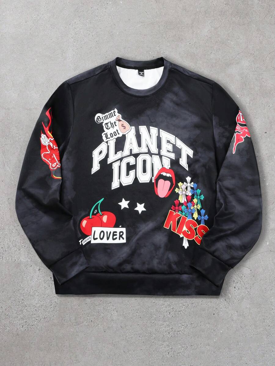 Manfinity Homme Sudadera con capucha casual de estilo callejero con estampado de letras para hombres tallas grandes, para primavera/otoño, cuello redondo negro con gráfico, manga larga, sudadera casual, como regalo para amigos, esposo, novio